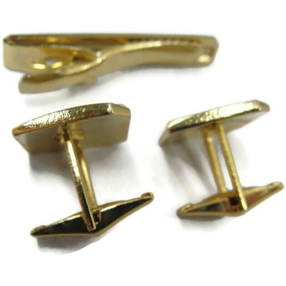 Asymmetrical Cufflinks Tie Clip Set Gold Tone Wedding Tux Vintage - Picture 6 of 16